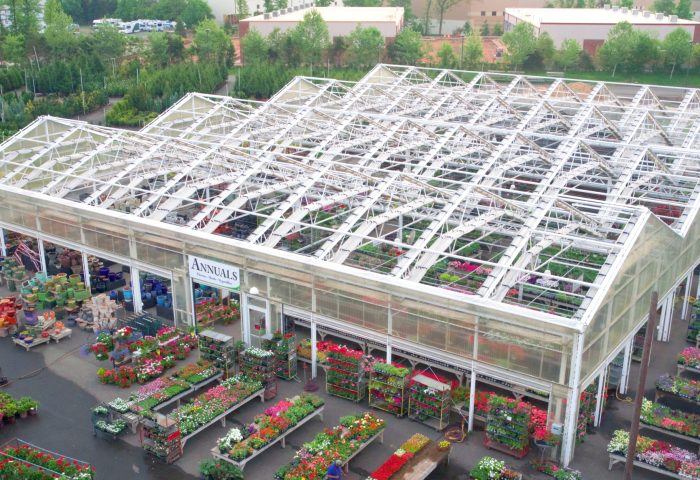 Aerial photo of greenhouses at garden center